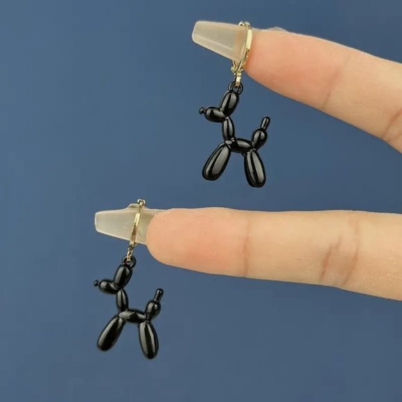 Balloon Dog Earrings Poodle Puppy Fun Whimsical Dangle Circus Clown Party Black - Picture 1 of 2